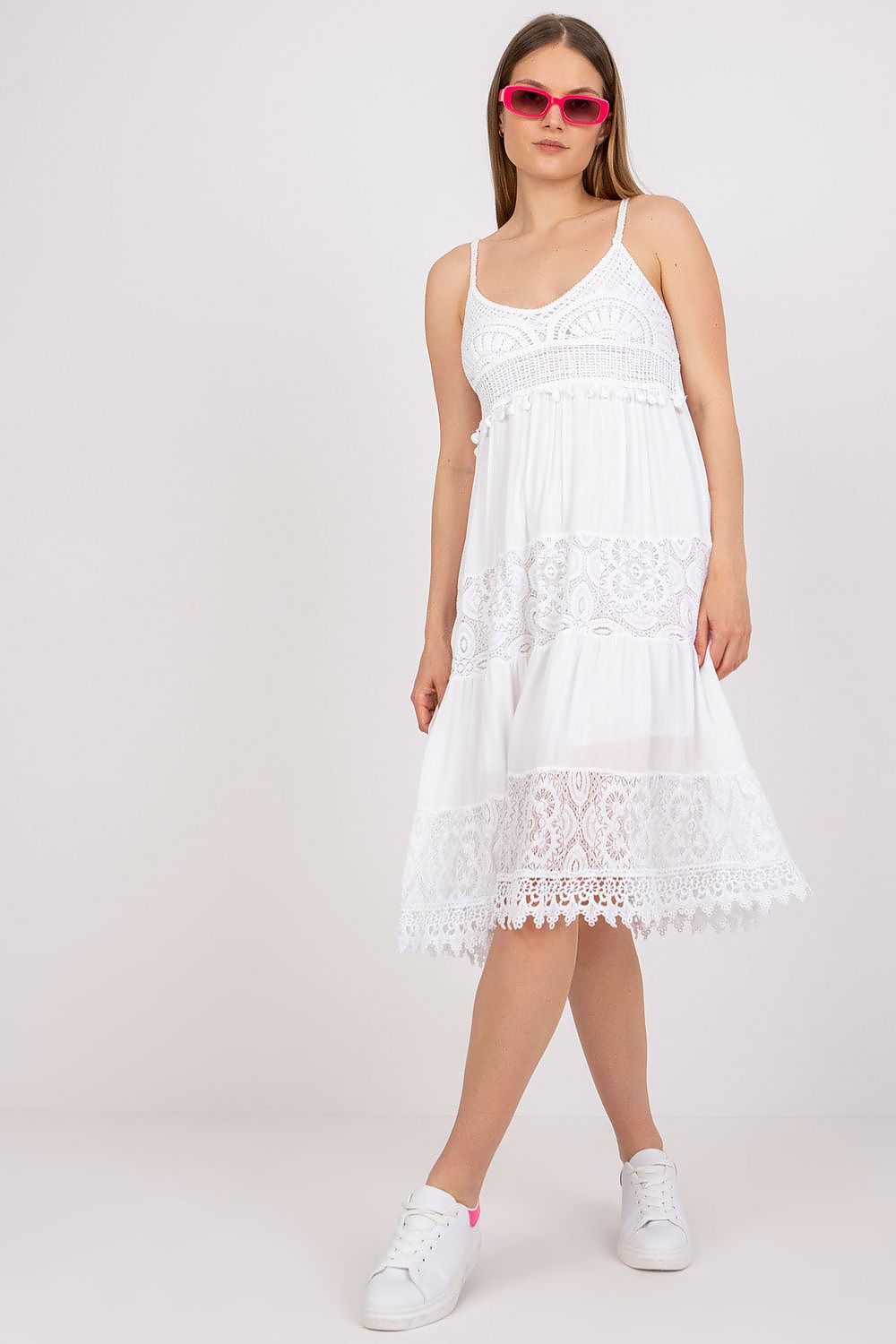 Elegant Och Bella women's summer flared dress in white featuring a heart neckline, decorative lace details, and a flowy silhouette, perfect for luxurious summer occasions.