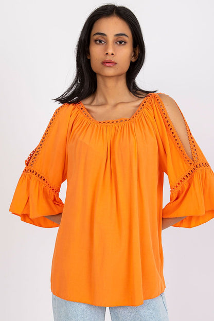Elegant ochre loose-fit viscose blouse featuring 3/4 sleeves with decorative slit details, perfect for upscale casual wear.