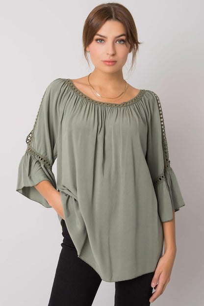 Refined olive green loose-fit viscose blouse with 3/4 sleeves and decorative slit detailing, perfect for an elegant casual look.