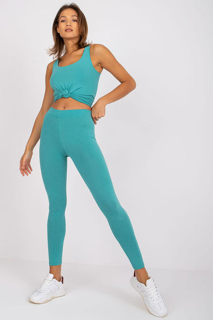 BFG teal luxury cotton-spandex leggings paired with a crop top, showcasing a stylish and elegant look, designed for comfort.