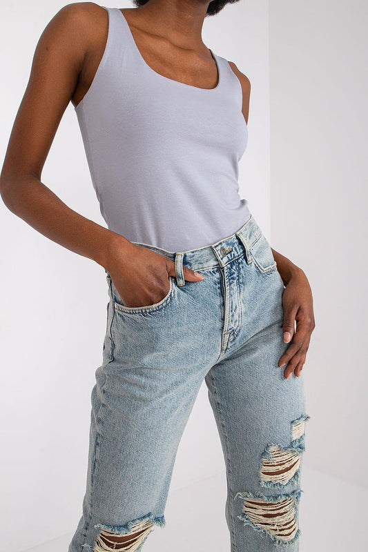 Stylish Strapless T-Shirt for Summer – Comfortable Cotton Blend, Multiple Sizes Available, featured in a close-up view, highlighting the sophisticated light grey design against distressed denim, ideal for upscale summer fashion.