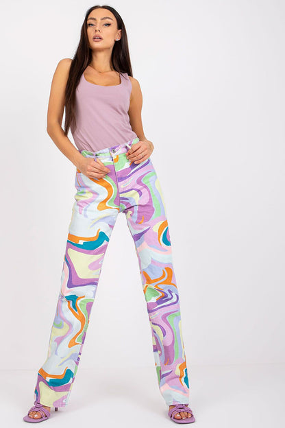 BFG Luxurious Strapless T-Shirt styled with vibrant multi-coloured flared jeans, suitable for summer fashion.