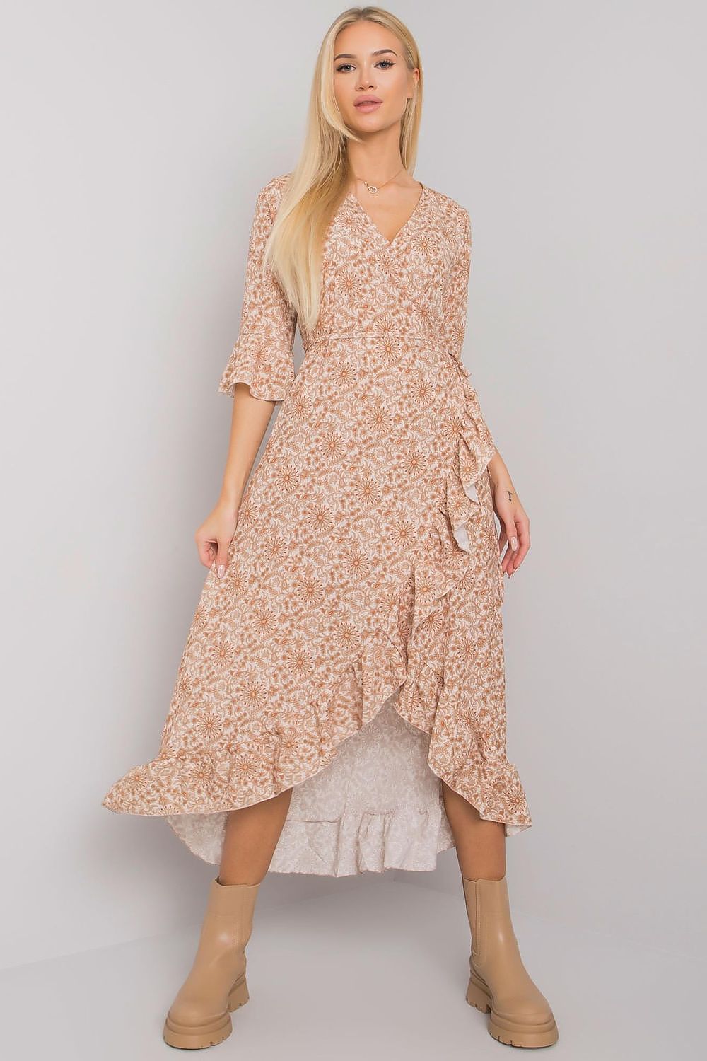 Elegant Och Bella Summer Dress with 3/4 Sleeves, Ruffle Details, and Waist Tie, model presenting the dress with a graceful front view against a light backdrop.