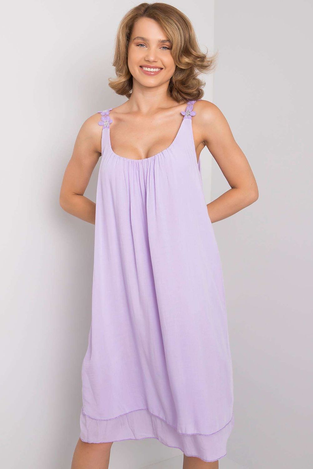Elegantly Designed Summer Dress With Decorative Straps by Och Bella, model wearing a stylish lavender dress with decorative straps, showcasing a loose cut, perfect for summer occasions.