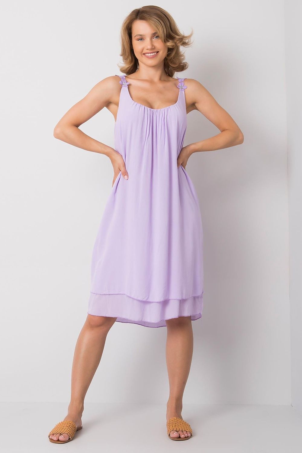 Elegantly Designed Summer Dress With Decorative Straps By Och Bella - Model showcasing the lavender summer dress with a loose cut, perfect for various occasions, featuring delicate decorative straps.
