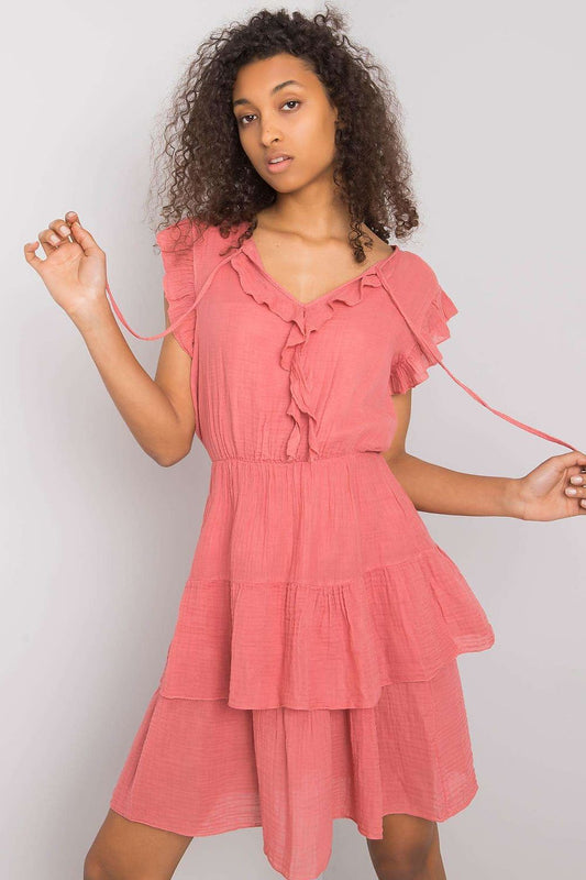 Elegant Och Bella Daydress with Short Sleeves and Heart Neckline in 100% Cotton, featuring ruffled details and a fashionable layered design, perfect for everyday elegance.