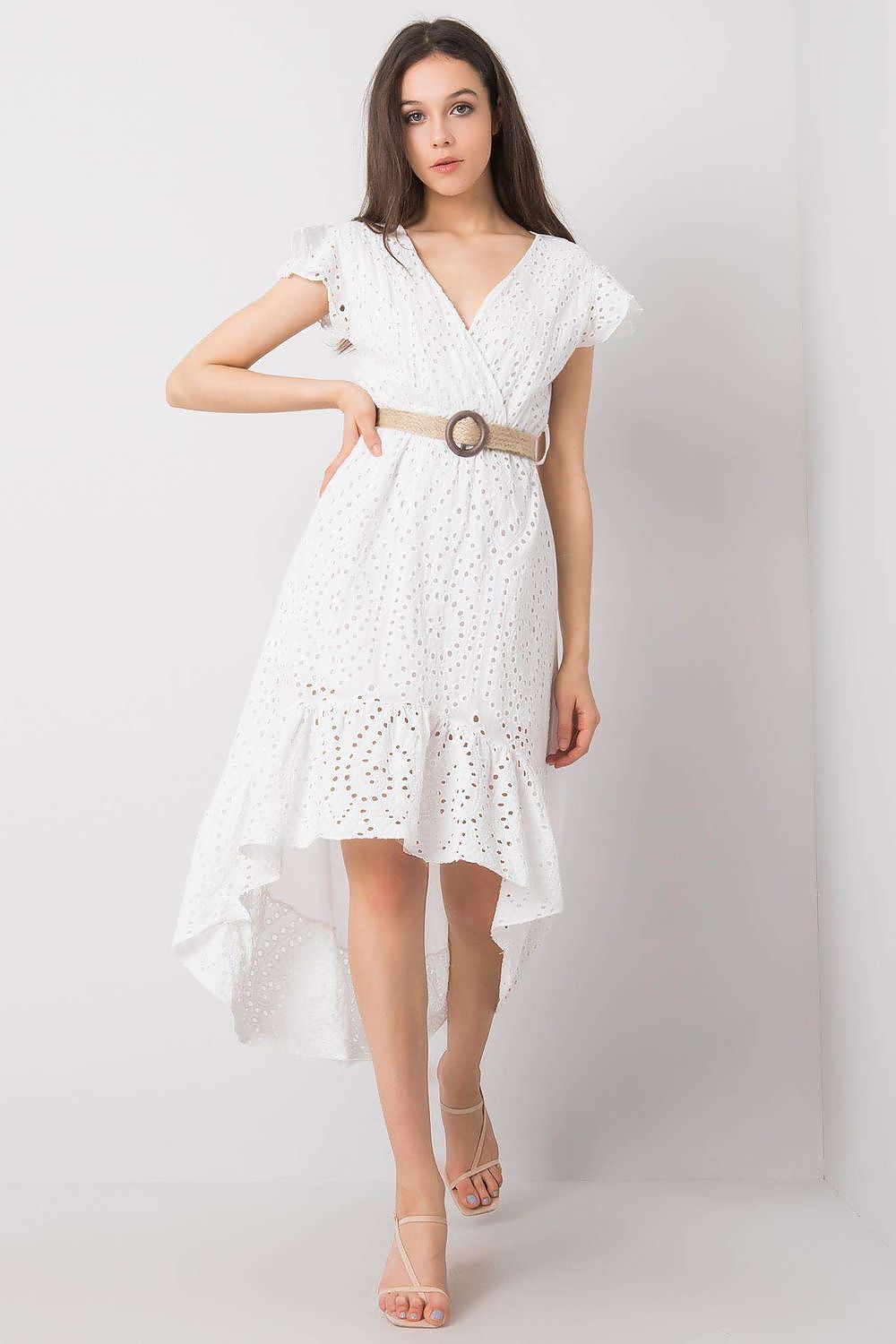 Elegant Asymmetrical Cut Cotton Day Dress by Och Bella featuring a belted waist and ruffle hem, showcased in a pristine white hue, perfect for sophisticated occasions.