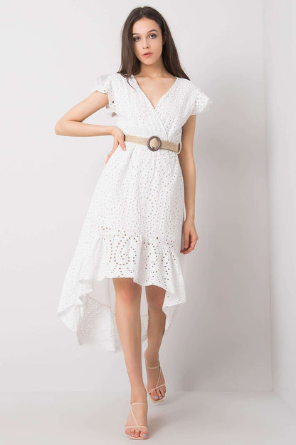 Elegant Asymmetrical Cut Cotton Day Dress by Och Bella featuring a belted waist and ruffle hem, showcased in a pristine white hue, perfect for sophisticated occasions.