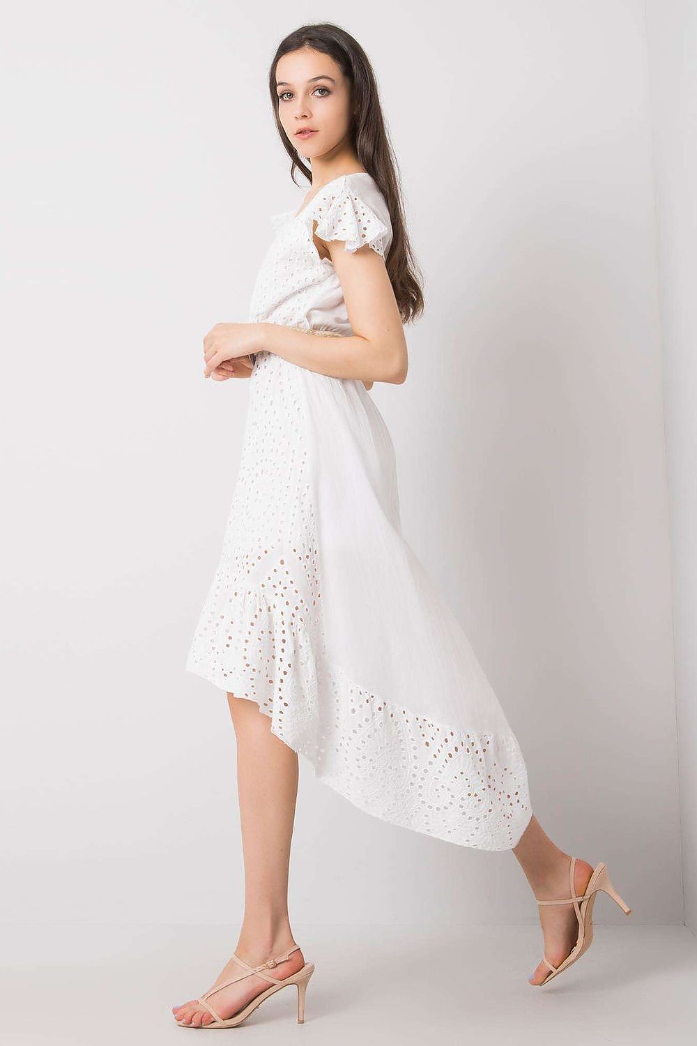 Side view of the luxurious Asymmetrical Cut Cotton Day Dress by Och Bella, highlighting the flattering belted waist and flowing ruffle hem, ideal for chic summer outings.