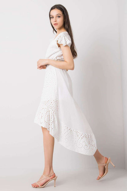 Side view of the luxurious Asymmetrical Cut Cotton Day Dress by Och Bella, highlighting the flattering belted waist and flowing ruffle hem, ideal for chic summer outings.