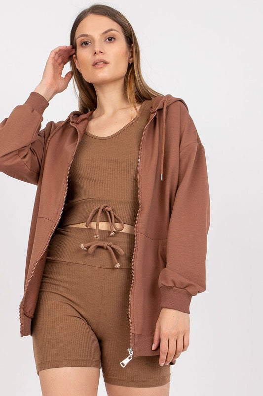 Luxury 3-Piece Set featuring a hooded sweatshirt, V-neck T-shirt, and high-waisted shorts in a rich brown cotton blend, model showcasing stylish and comfortable casual wear.