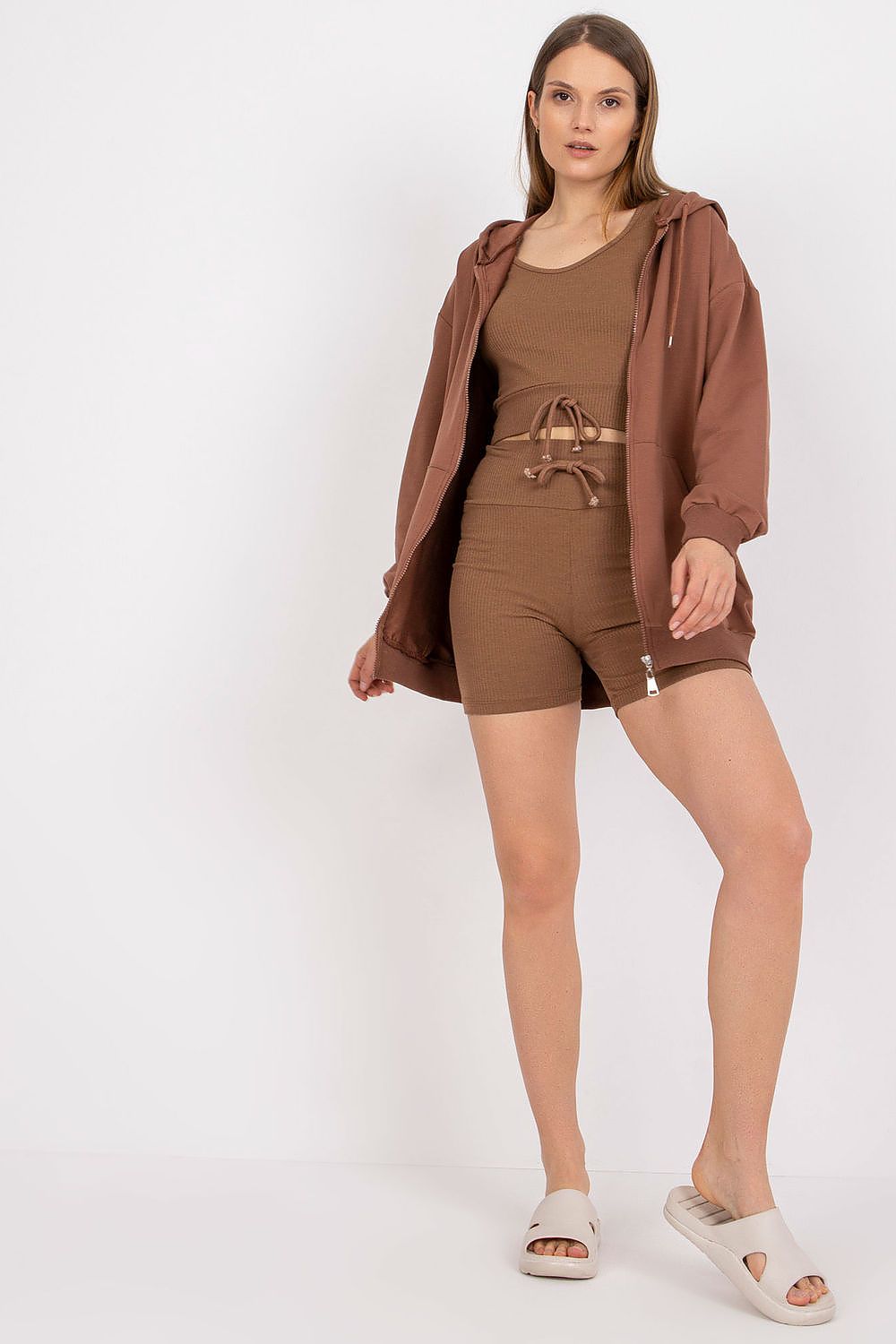 Luxury 3-Piece Set: Hooded Sweatshirt, V-Neck T-Shirt & High-Waisted Shorts in Cotton Blend, featuring a stylish model in a cozy brown outfit with a hooded sweatshirt and matching shorts.