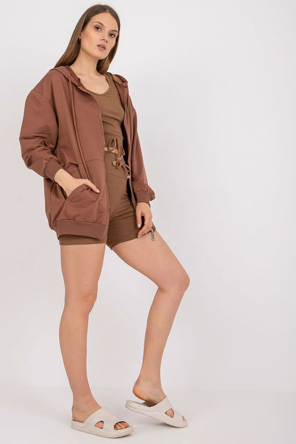 Luxury 3-Piece Set: Hooded Sweatshirt, V-Neck T-Shirt & High-Waisted Shorts in Cotton Blend, showcasing a model exuding elegance in a brown ensemble with a zippered hoodie and high-waisted shorts.