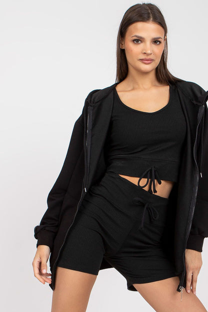 Luxury 3-Piece Set: Hooded Sweatshirt, V-Neck T-Shirt & High-Waisted Shorts in Cotton Blend, presented by a model wearing a chic black outfit with a snug hoodie and form-fitting shorts.