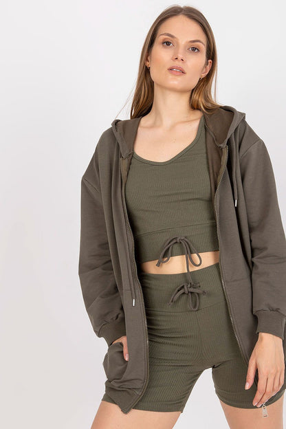 Luxury 3-Piece Set: Hooded Sweatshirt, V-Neck T-Shirt & High-Waisted Shorts in Cotton Blend, featuring a model wearing olive-green clothing with a zippered hooded sweatshirt and fitted high-waisted shorts, showcasing a stylish casual look.