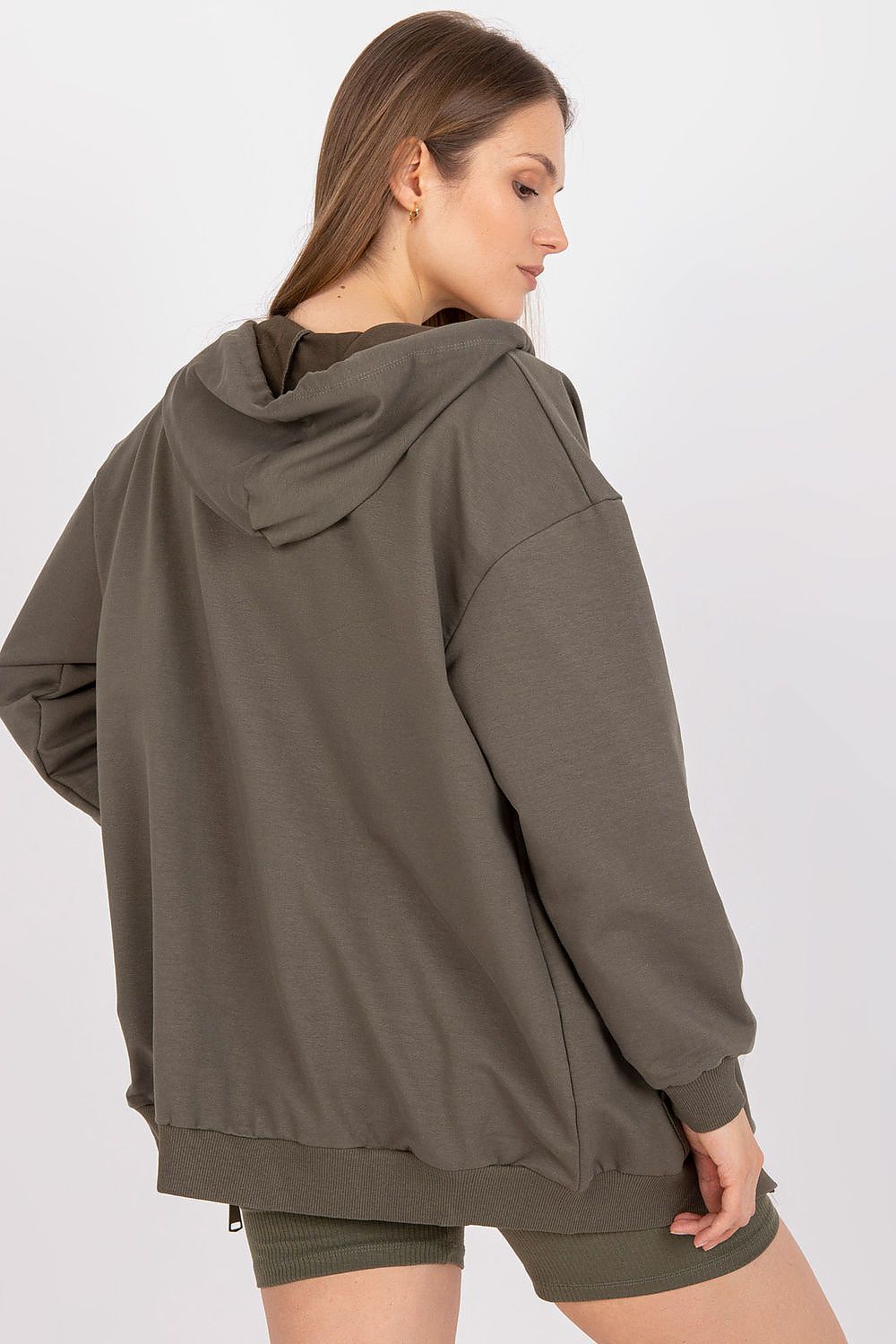 Luxury 3-Piece Set: Hooded Sweatshirt, V-Neck T-Shirt & High-Waisted Shorts in Cotton Blend, displaying a model's back view adorned in a chic olive-green zippered sweatshirt, complemented by matching high-waisted shorts.