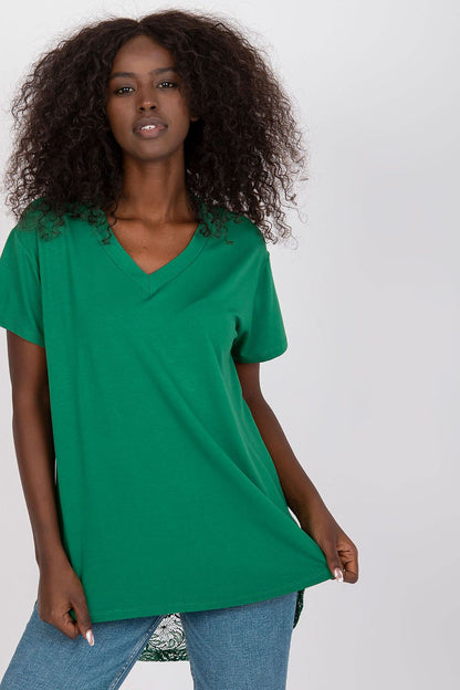 Elegant Short Sleeve Blouse with Lace Back and Cheese Neckline in vibrant green, model showcasing the stylish design and flattering silhouette.