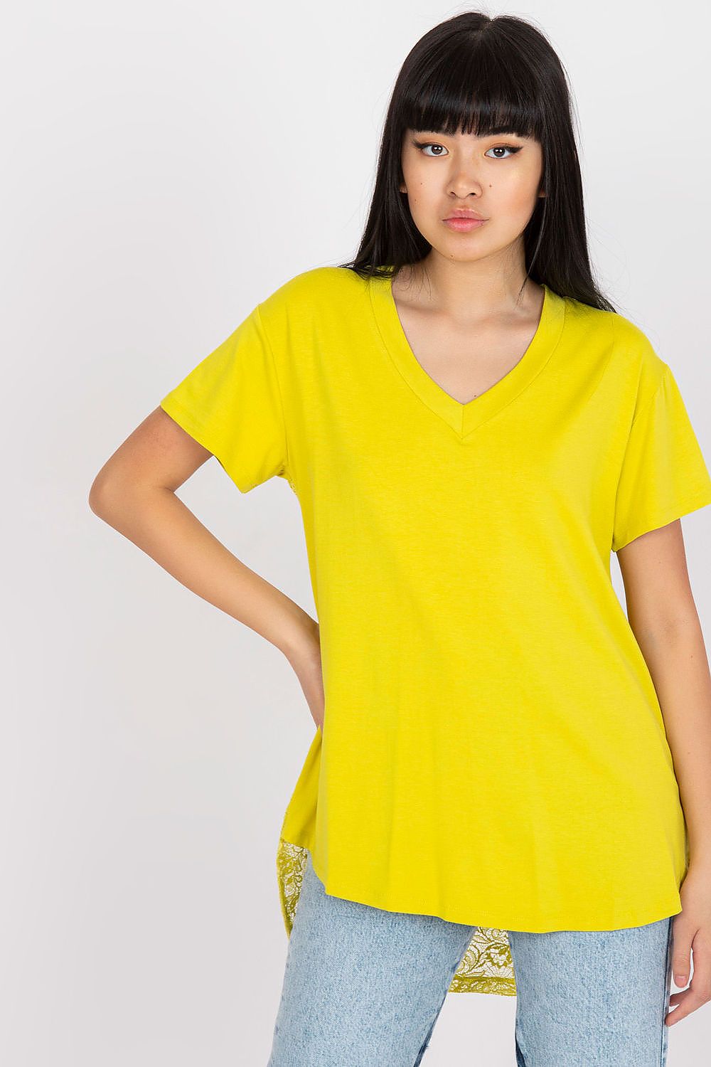 Elegant Short Sleeve Blouse with Lace Back and Cheese Neckline - EU 0 showcased by a model in vibrant yellow, featuring a classic cheese neckline and stylish lace detail at the back.