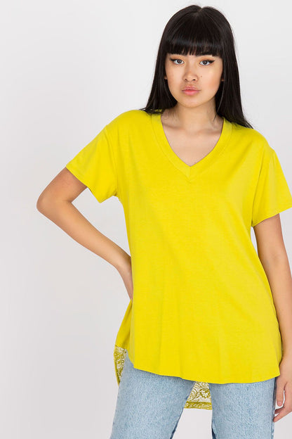 Elegant Short Sleeve Blouse with Lace Back and Cheese Neckline - EU 0 showcased by a model in vibrant yellow, featuring a classic cheese neckline and stylish lace detail at the back.