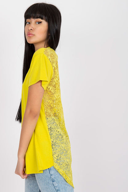 Elegant Short Sleeve Blouse with Lace Back and Cheese Neckline - EU 0 presented from a side angle, highlighting the intricate lace back design and relaxed fit, styled in a bold yellow colour.