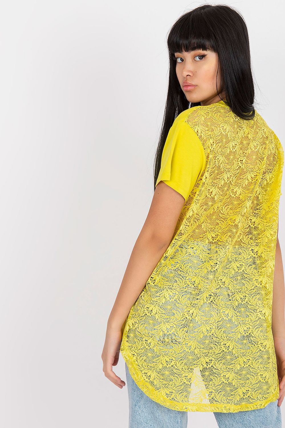Elegant Short Sleeve Blouse with Lace Back and Cheese Neckline - EU 0 displayed from behind, emphasising the exquisite lace detailing and luxurious fabric in a sunny yellow tone.