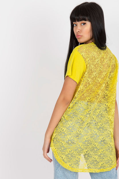 Elegant Short Sleeve Blouse with Lace Back and Cheese Neckline - EU 0 displayed from behind, emphasising the exquisite lace detailing and luxurious fabric in a sunny yellow tone.