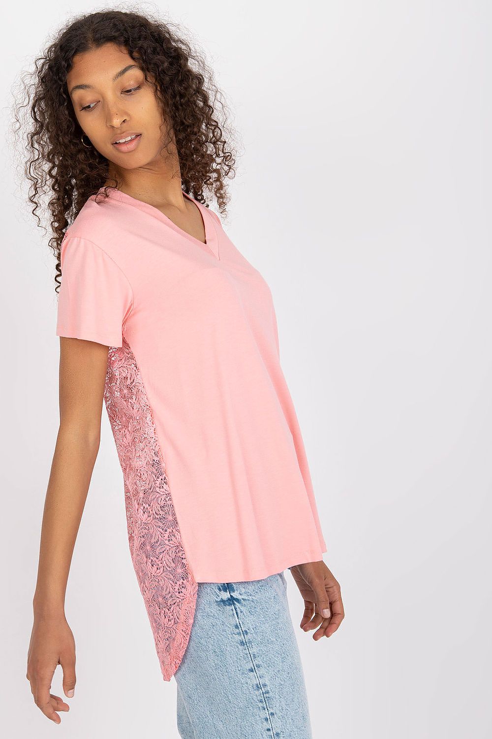 Elegant Short Sleeve Blouse with Lace Back and Cheese Neckline - EU 0 elegantly worn by a model, featuring a stylish v-neck and intricate lace detail in a charming pink hue.