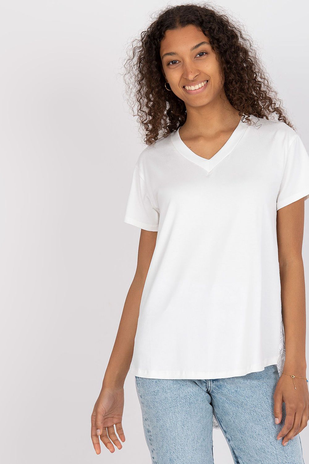 Elegant short sleeve blouse with lace back and cheese neckline, displayed by a smiling model wearing a classic white version, exuding sophistication and style.
