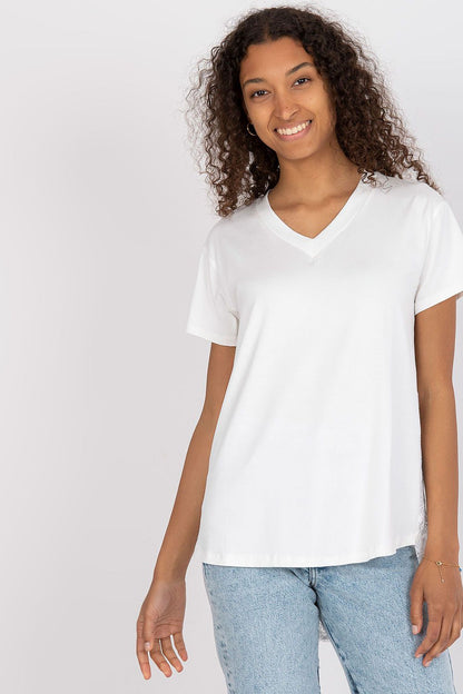 Elegant short sleeve blouse with lace back and cheese neckline, displayed by a smiling model wearing a classic white version, exuding sophistication and style.