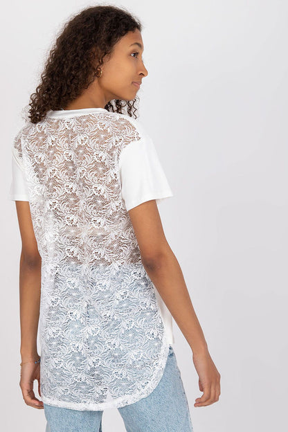 Elegant short sleeve blouse with lace back and cheese neckline, presented by a model highlighting the back view, showcasing the elegant lace and modern design.