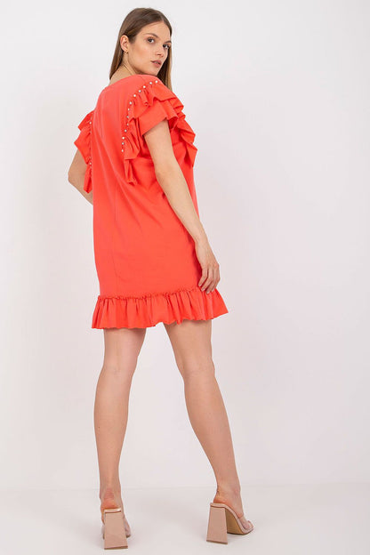 Elegant Straight Cut Daydress With Frills And Zircons - Cotton And Spandex Blend, Perfect For Any Occasion - Back view showcasing the vibrant coral dress with frills and sparkling zircons on the sleeves.