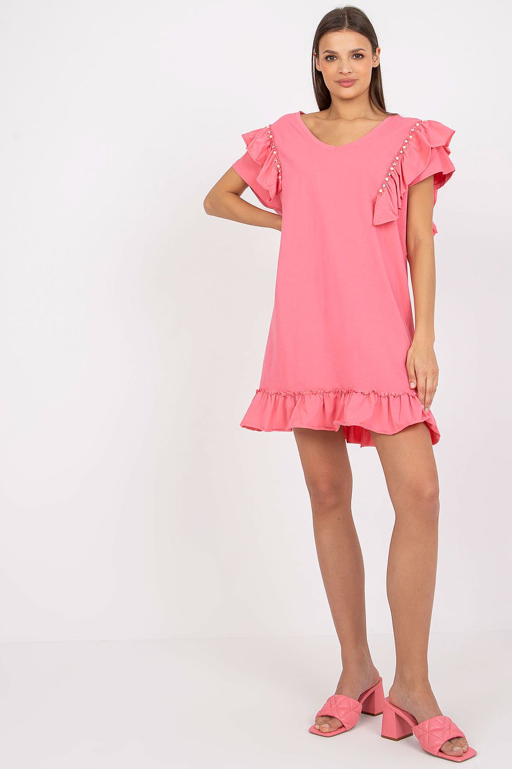 Elegant Straight Cut Daydress With Frills And Zircons - Cotton And Spandex Blend, Perfect For Any Occasion - Front view of a model wearing a pink version of the dress, accentuated with frills and shiny zircons.