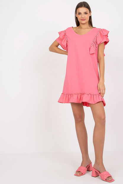 Elegant Straight Cut Daydress With Frills And Zircons - Cotton And Spandex Blend, Perfect For Any Occasion - Front view of a model wearing a pink version of the dress, accentuated with frills and shiny zircons.