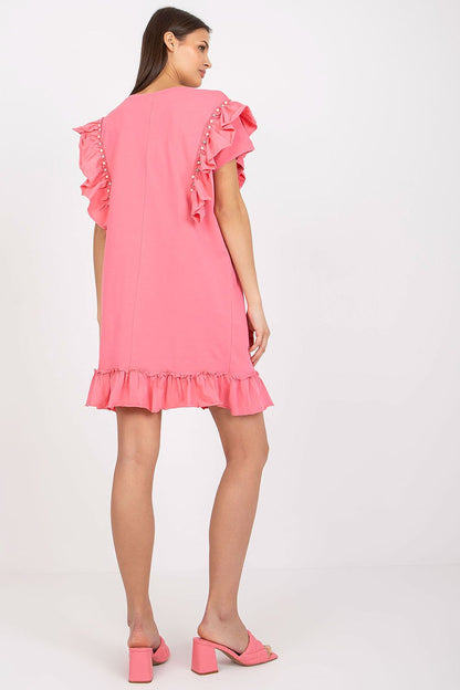 Elegant Straight Cut Daydress With Frills And Zircons - Cotton And Spandex Blend, Perfect For Any Occasion - Back view of a model showcasing the pink dress adorned with frills and zircons, perfect for a luxurious look.