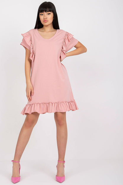 Elegant Straight Cut Daydress With Frills And Zircons - Cotton And Spandex Blend, Perfect For Any Occasion, showcased in a stylish pink design with ruffled sleeves.