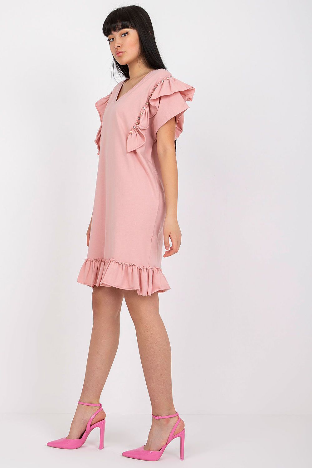 Elegant Straight Cut Daydress With Frills And Zircons - Cotton And Spandex Blend, Perfect For Any Occasion, displayed from a side angle, highlighting the elegant frills and embellishments.