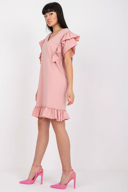 Elegant Straight Cut Daydress With Frills And Zircons - Cotton And Spandex Blend, Perfect For Any Occasion, displayed from a side angle, highlighting the elegant frills and embellishments.