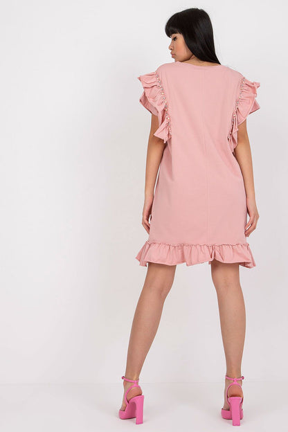 Elegant Straight Cut Daydress With Frills And Zircons - Cotton And Spandex Blend, Perfect For Any Occasion, featuring a stunning rear view that showcases the intricate frill details.