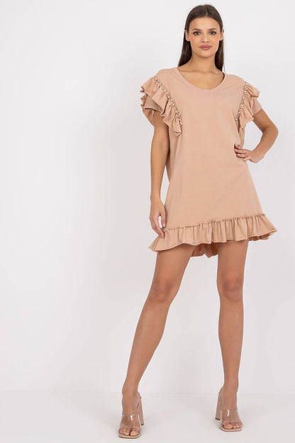 Elegant Straight Cut Daydress With Frills And Zircons - Cotton And Spandex Blend, Perfect For Any Occasion, modelled in a beige hue, accentuating its luxurious design.