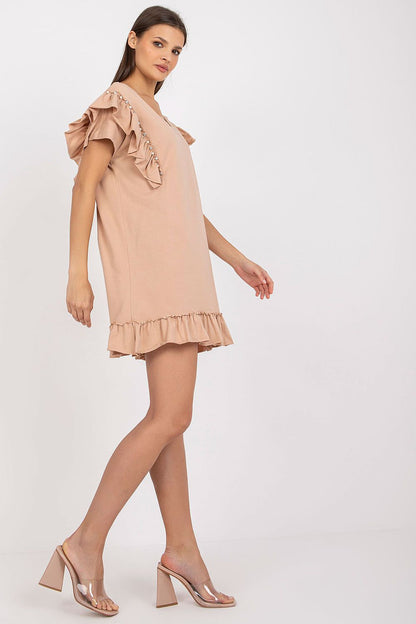 Elegant Straight Cut Daydress With Frills And Zircons in soft beige, featuring stylish frilled sleeves and delicate zircon embellishments, suitable for any occasion.