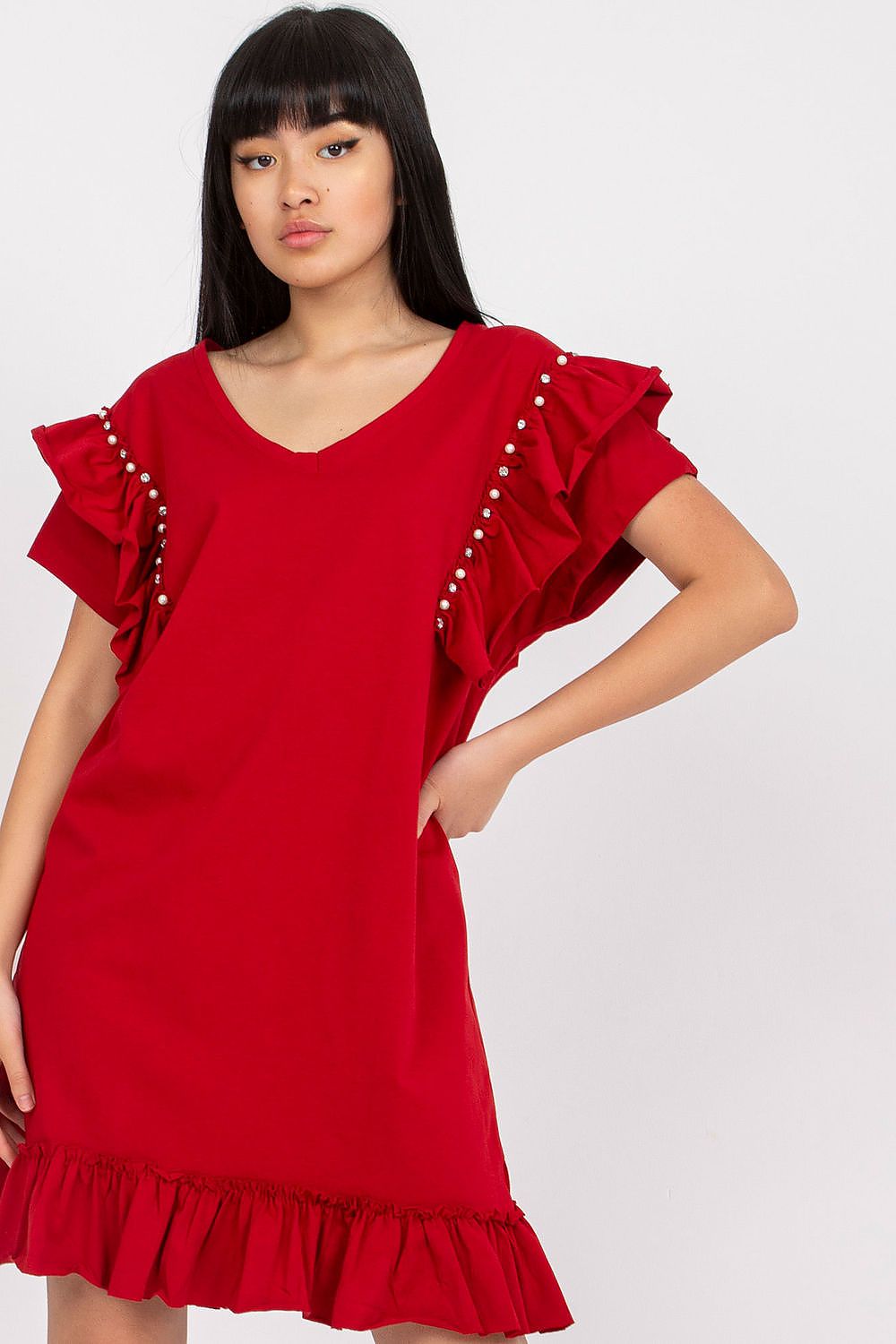 Chic Elegant Straight Cut Daydress With Frills And Zircons in vibrant red, showcasing ruffled sleeves adorned with zircons, perfect for special occasions.