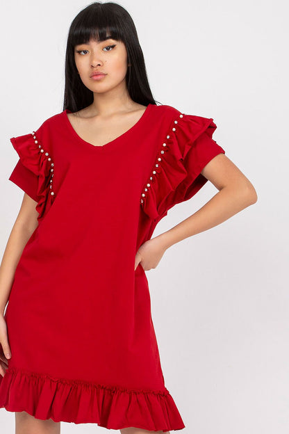 Chic Elegant Straight Cut Daydress With Frills And Zircons in vibrant red, showcasing ruffled sleeves adorned with zircons, perfect for special occasions.