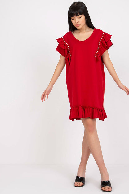 Fashionable Elegant Straight Cut Daydress With Frills And Zircons in striking red, designed with elegant frills and sparkling zircons, ideal for sophisticated events.