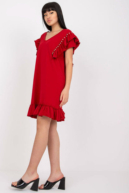 Stunning Elegant Straight Cut Daydress With Frills And Zircons in bold red, highlighted by ruffled details and shimmering zircon accents, designed for elegance.