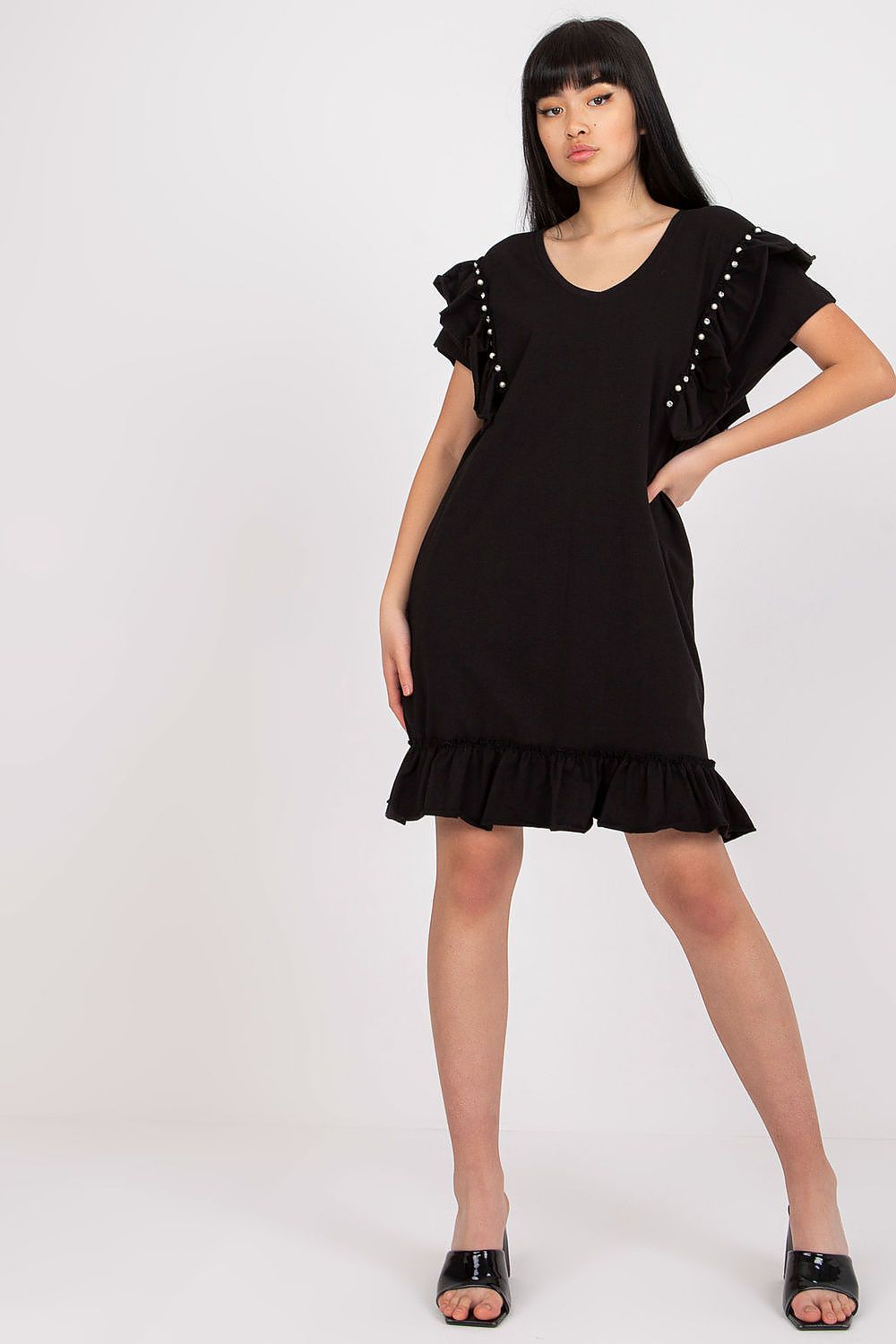 Luxurious Elegant Straight Cut Daydress With Frills And Zircons in classic black, featuring exquisite frills and zircon detailing, perfect for any upscale occasion.