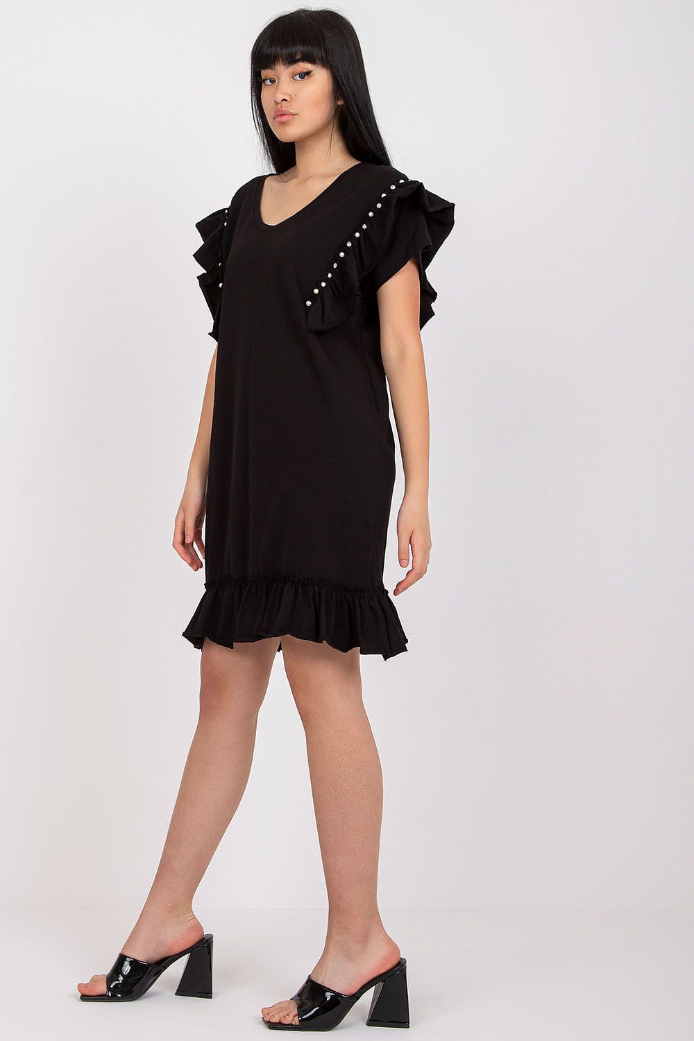 Elegant Straight Cut Daydress With Frills And Zircons - Cotton And Spandex Blend, Perfect For Any Occasion, showcasing a model in a stylish black dress with frills and decorative zircons.