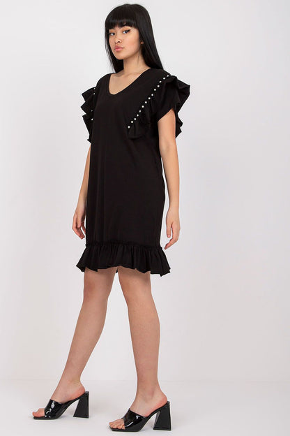 Elegant Straight Cut Daydress With Frills And Zircons - Cotton And Spandex Blend, Perfect For Any Occasion, showcasing a model in a stylish black dress with frills and decorative zircons.