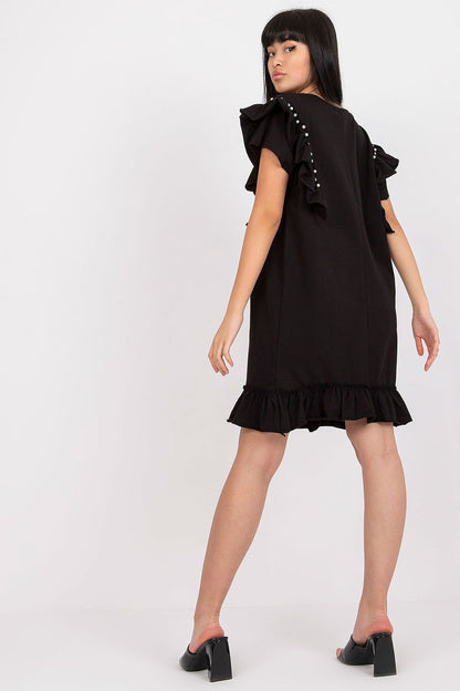 Elegant Straight Cut Daydress With Frills And Zircons - Cotton And Spandex Blend, Perfect For Any Occasion, featuring a back view of a model in a chic black dress embellished with frills.