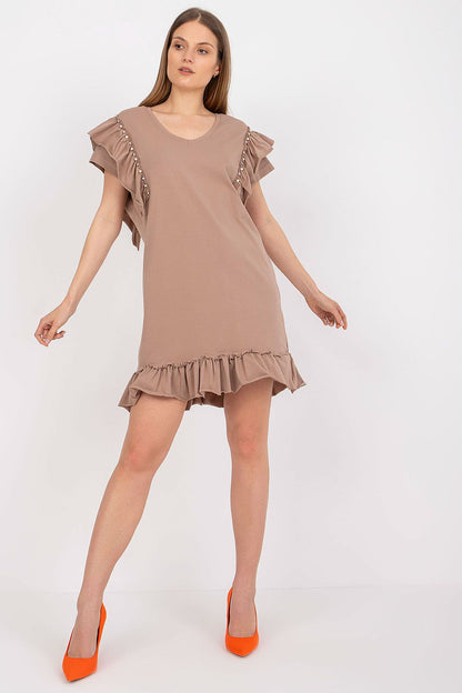 Elegant Straight Cut Daydress With Frills And Zircons - Cotton And Spandex Blend, Perfect For Any Occasion, highlighting a model in a sophisticated beige dress with intricate frills and zircons.