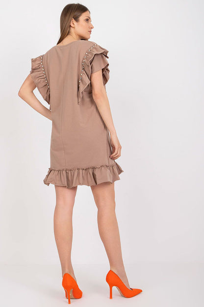Elegant Straight Cut Daydress With Frills And Zircons - Cotton And Spandex Blend, Perfect For Any Occasion, illustrating a side view of a model wearing a refined beige dress with elegant frills.